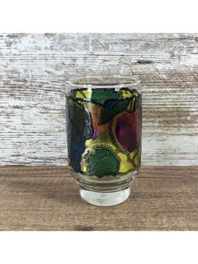 Libbey Stained Glass Fruit Drinking Glass 4 1/2" Tall Colorful Vintage Decor